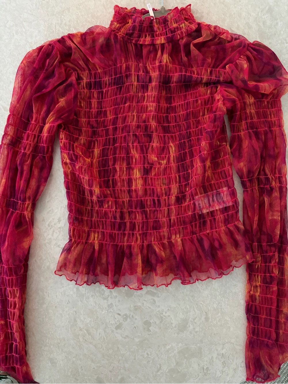 Free People Red & Orange Smocked Ruffle Long Sleeve Top